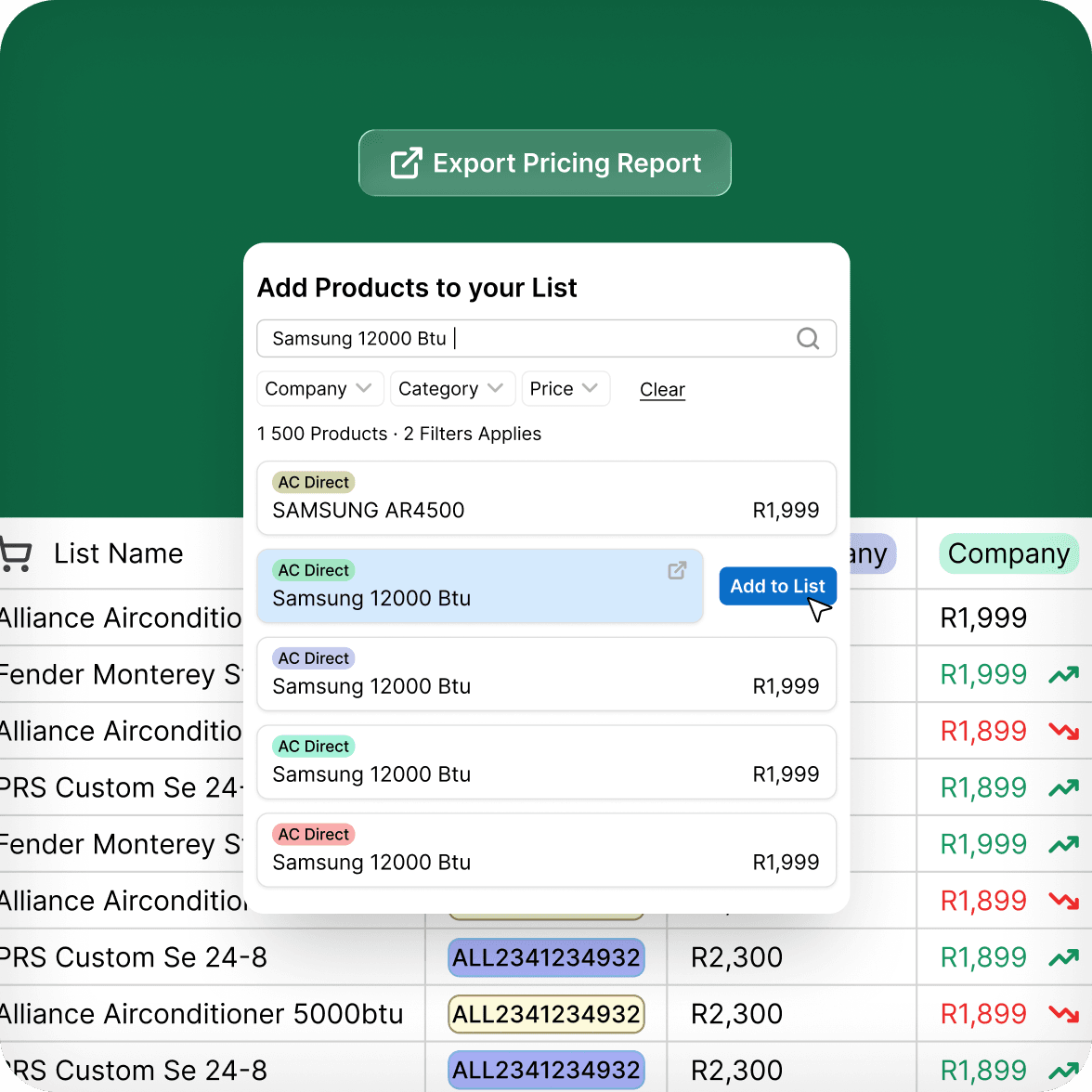 Sheet view with product comparisons